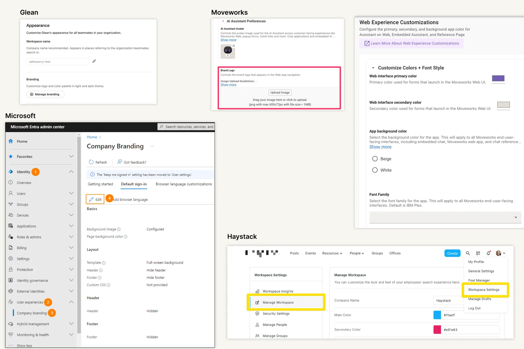 Collage of competitor admin branding/theming screens — Glean's Appearance panel, Moveworks Setup branding config, Microsoft 365 Copilot theme & Employee Self-Service branding, and Haystack's Workspace Identity settings