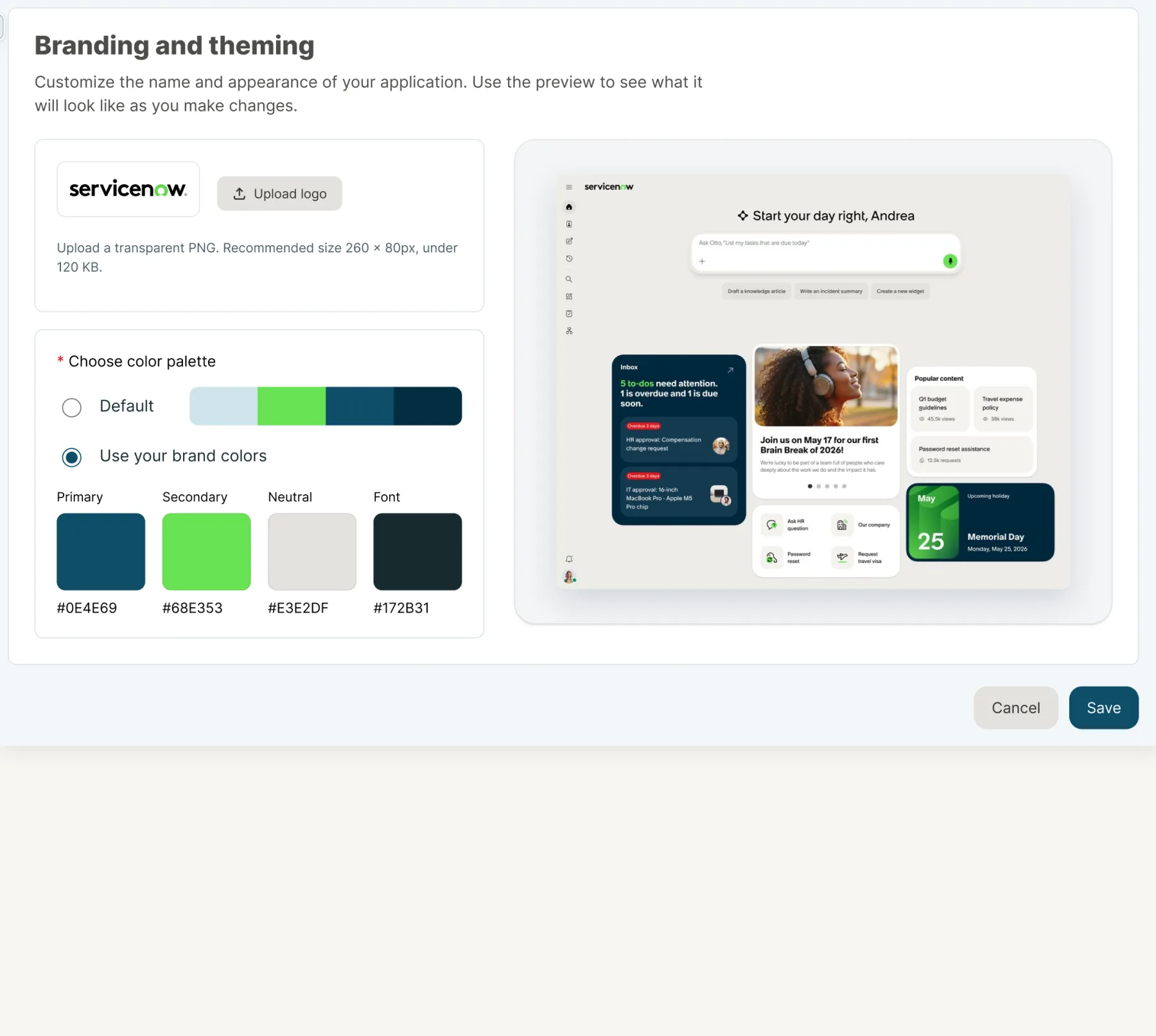 Direction B — "Choose color palette" panel with Primary / Secondary / Neutral / Font swatches, default vs. brand-color toggle, and a live device preview alongside