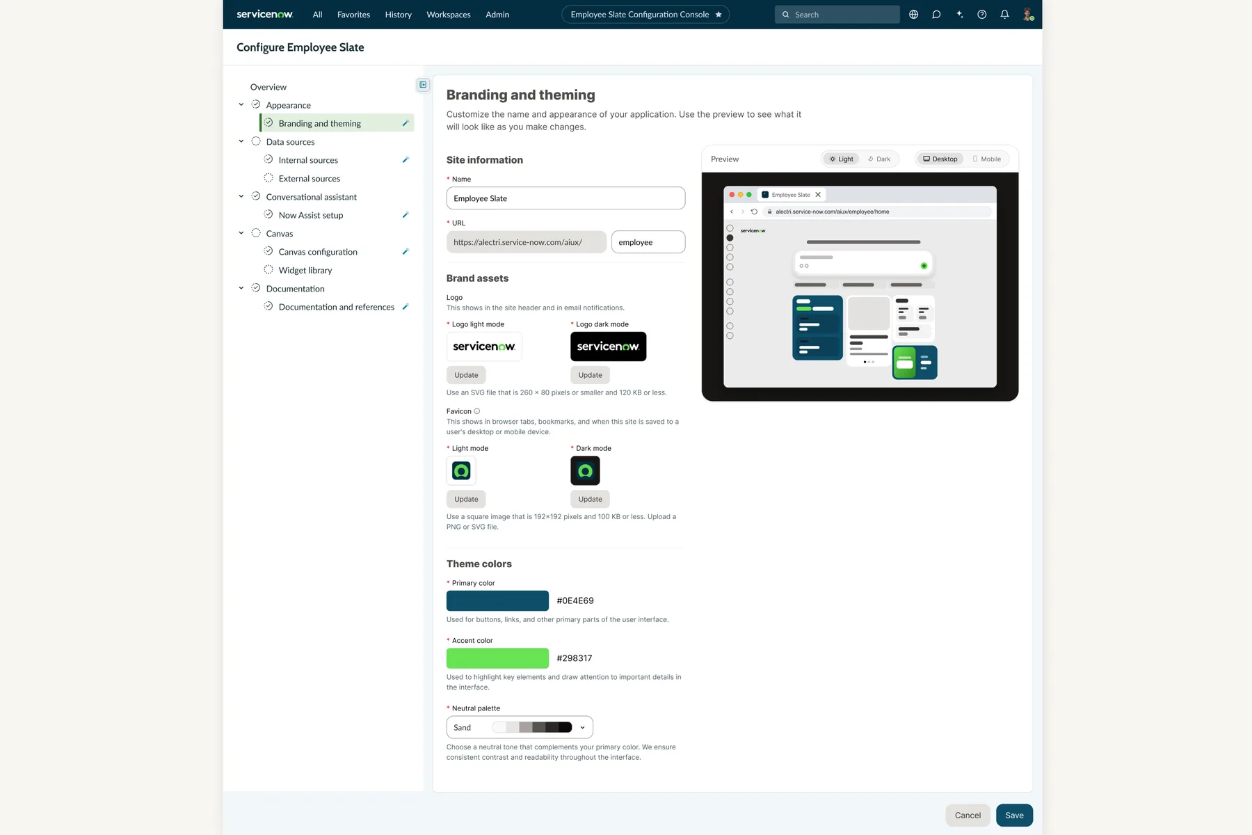 Version 1 — full “Configure Employee Slate → Branding and theming” console: Site information, Brand assets (logo light/dark, favicon), Theme colors (Primary, Accent, Neutral), live device Preview
