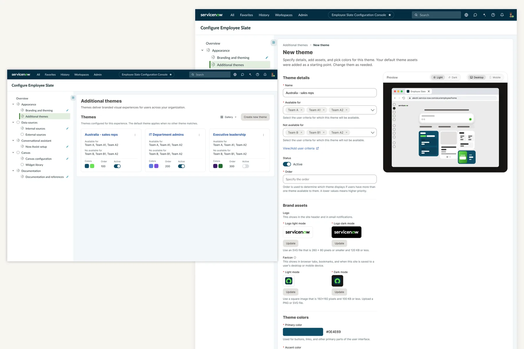 Version 2 — Additional Themes: the list view (theme cards showing audience, colors, order, active state) and the New Theme creation panel (audience criteria, status, order, brand assets, live preview)