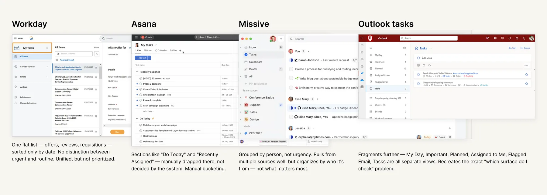 Collated competitive screenshots — Workday, Asana, Missive, Outlook Tasks