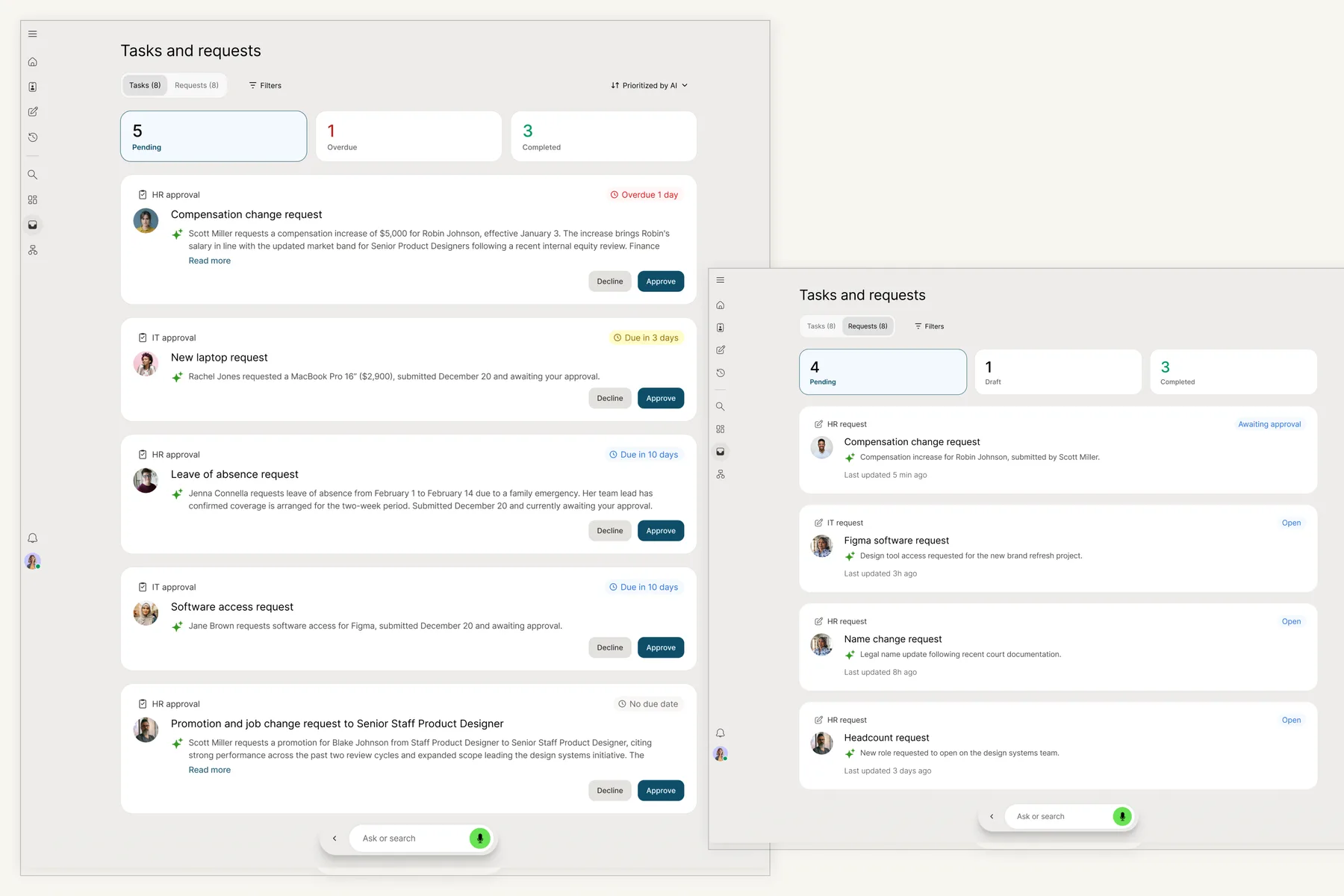 Final shipped Tasks and Requests experience — full product screen