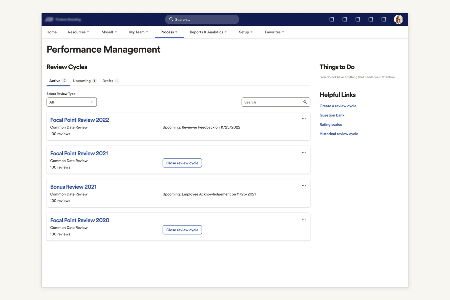 The final Review Cycles landing page — Active / Upcoming / Drafts tabs, cards, Things to Do and Helpful Links rail
