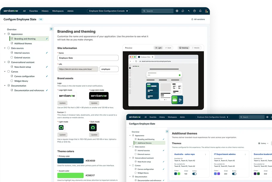 Branding & Theming — Configure Employee Slate console with live theme preview
