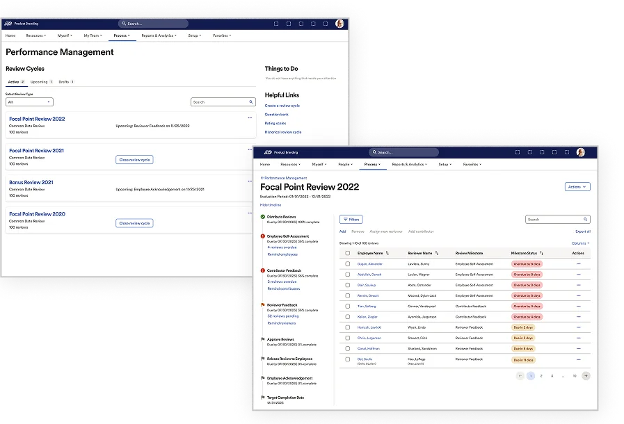 ADP Performance Management — Review Cycles landing page and Focal Point Review detail view