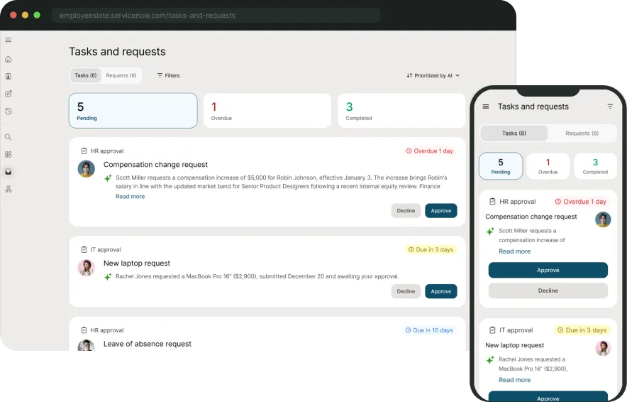 Employee Slate Tasks and requests, browser and mobile view